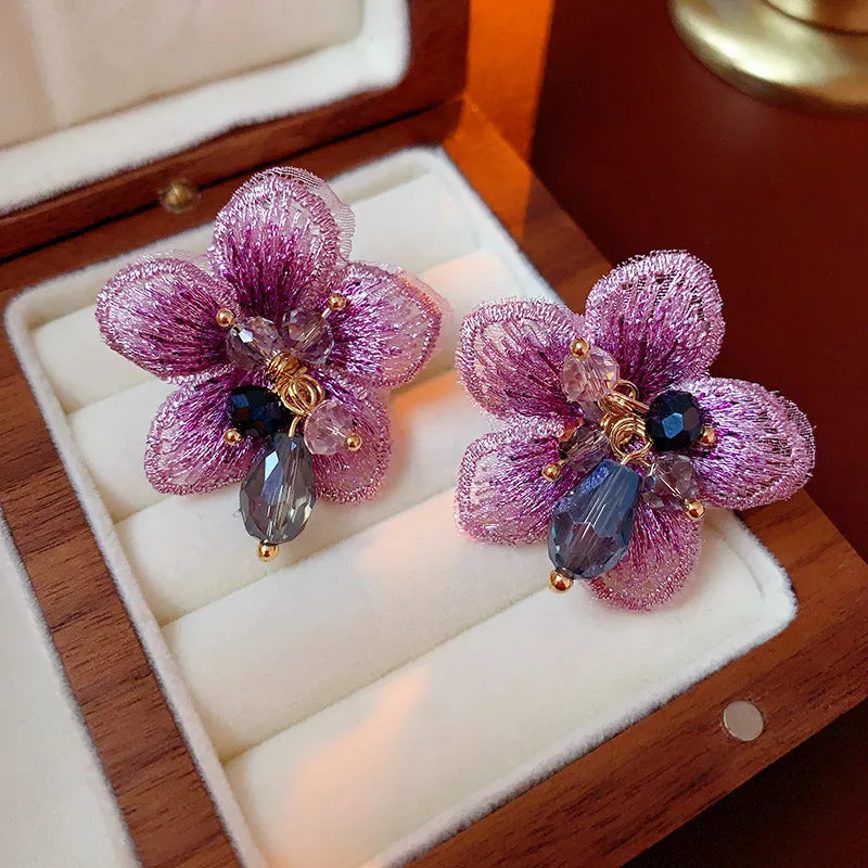 Light Luxury Elegant Crystal Gauze Purple Flower Dangle Earrings For Women Fashion Sweet Girl Accessories