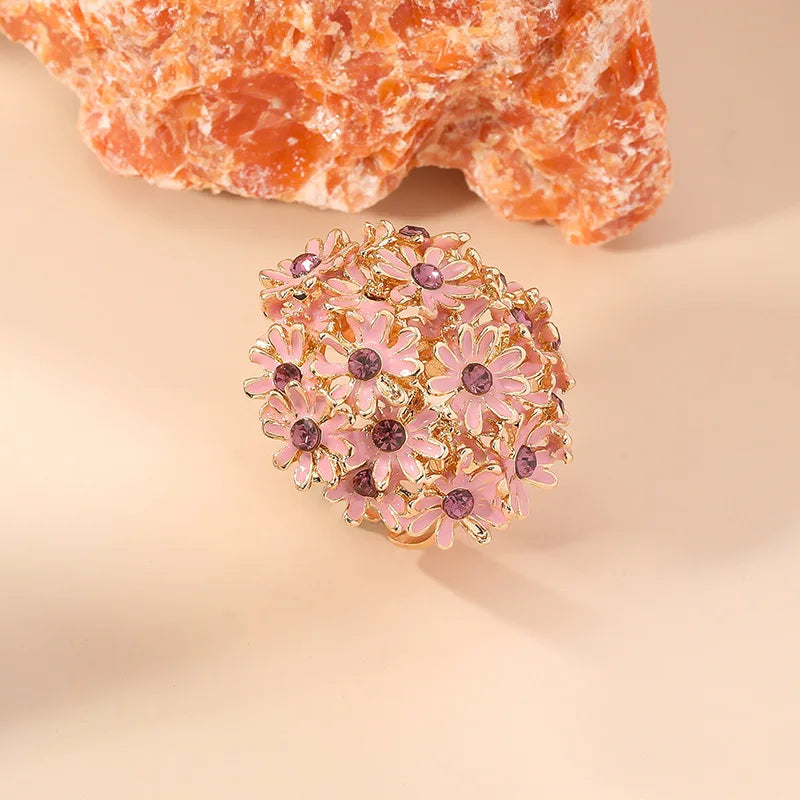 Luxury Zircon Red Pink Flower Rings For Women Ethnic Classic Gold Color Adjustable Ring Wedding Party Jewelry