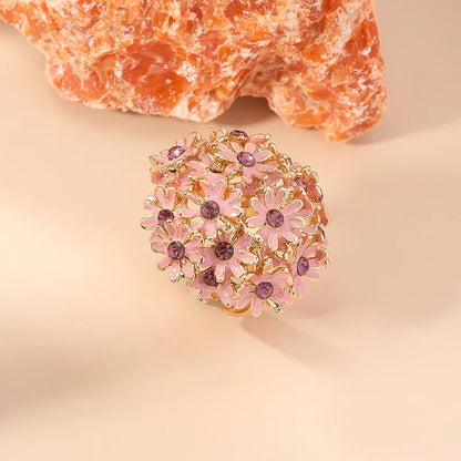 Luxury Zircon Red Pink Flower Rings For Women Ethnic Classic Gold Color Adjustable Ring Wedding Party Jewelry