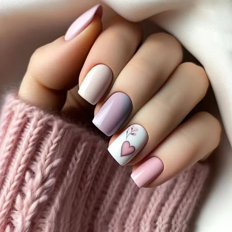 24Pcs Mid-length Ballet False Nails Red Love Pattern Design Press on Nails Simple Wearable Finished Coffin Fake Nail Tips