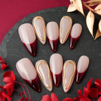 10pcs Handmade Press on Long Almond False Nails Metal Surface French Gorgeous Style 3D Full Coverage False Nails, Reusable