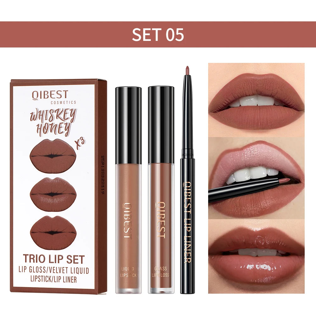 New 3pcs/set Liquid Lipstick Lip Liner Long Lasting Cosmetic Black Brown Purple Red Matte Lip Gloss Nude Lip Tint Stain Makeup