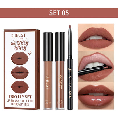 New 3pcs/set Liquid Lipstick Lip Liner Long Lasting Cosmetic Black Brown Purple Red Matte Lip Gloss Nude Lip Tint Stain Makeup