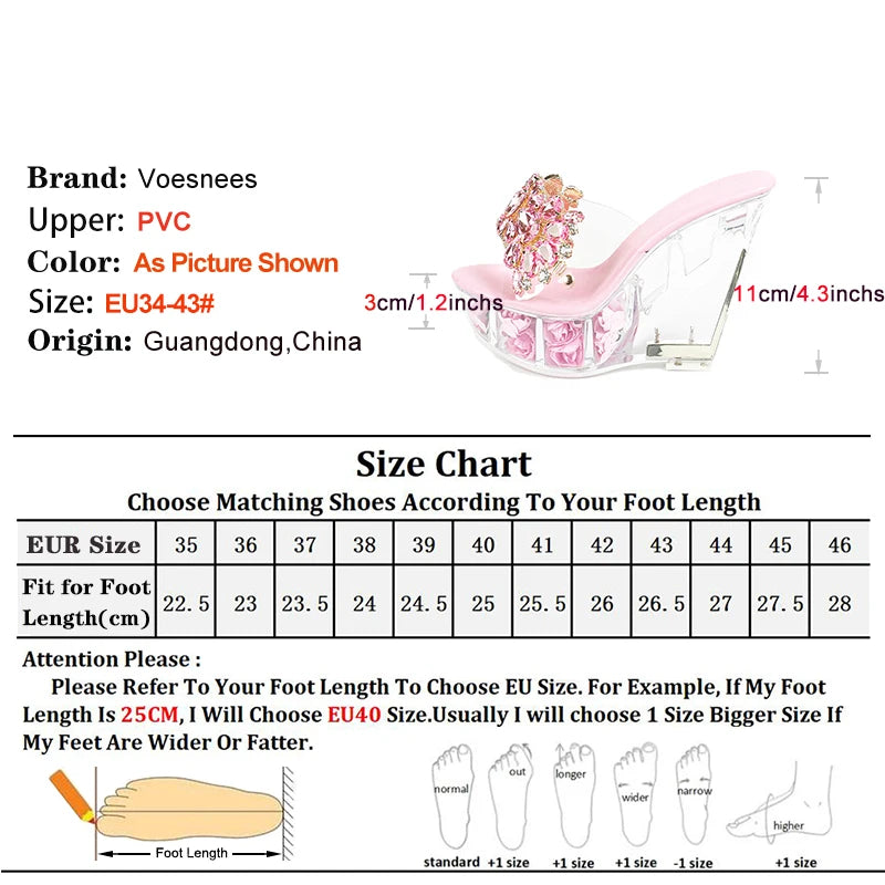 Voesnees Luxury Rhinestone High Heels 11CM Transparent Wedges Sandals Summer Women Slippers Crystal Clear Platform Party Shoes For Lady