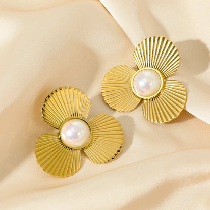EILIECK 316L Stainless Steel Pearl Earrings For Women Fashion New Holiday Gold Color Waterproof Ear Jewelry