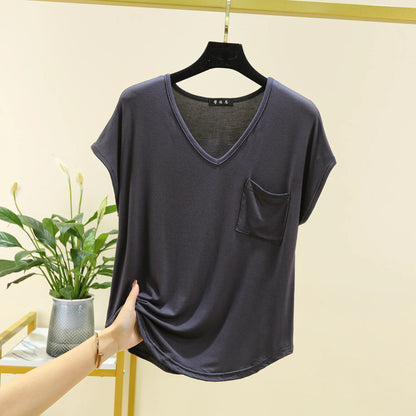 Summer Thin Tshirts V-Neck short sleeves Women Modal Loose T-Shirt with pocket Solid color Plus size Basic Tee Tops