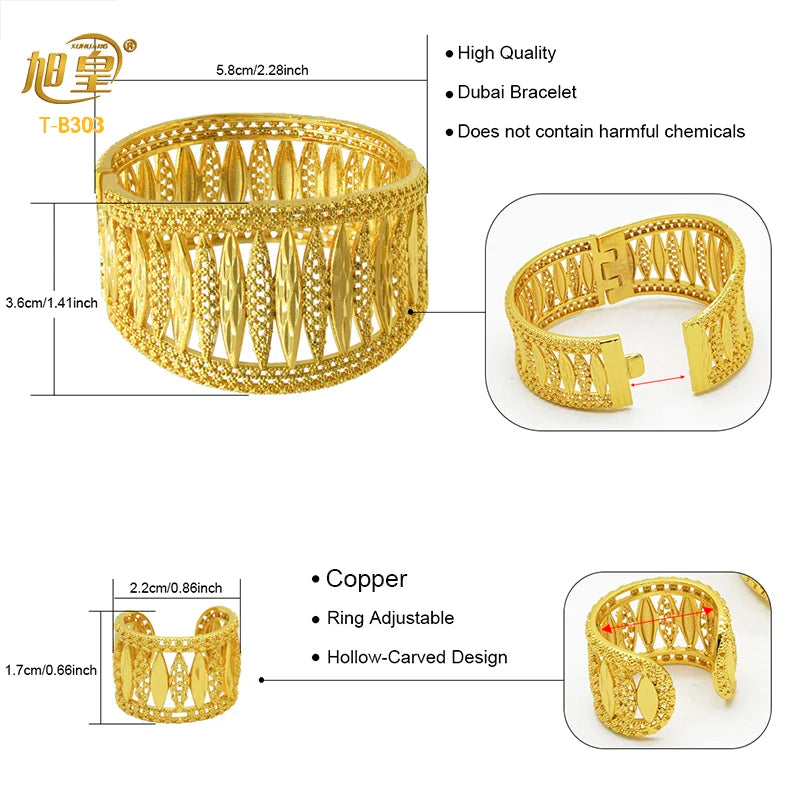 XUHUANG Dubai Exquisite Plated Gold Hollow Bangle With Ring For Women Arab Luxury Charm Copper Bangles Bracelets