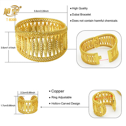 XUHUANG Dubai Exquisite Plated Gold Hollow Bangle With Ring For Women Arab Luxury Charm Copper Bangles Bracelets