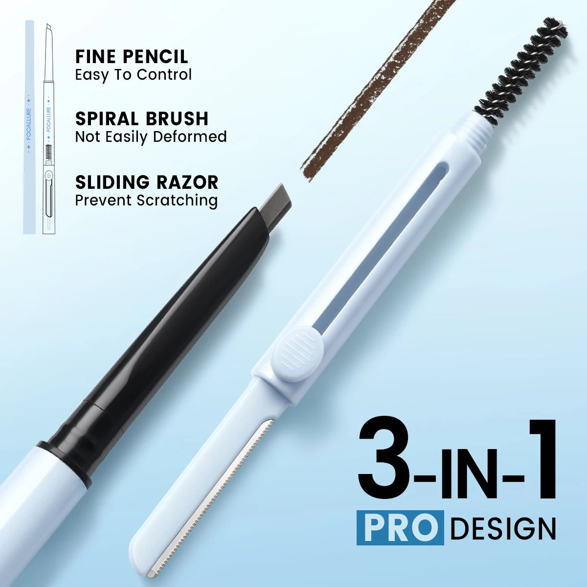 FOCALLURE Eyebrow Pencil  Waterproof Long-lasting 3 In 1 Ultra Fine Triangle Eye Brow Makeup Cosmetics