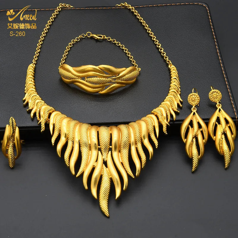 Dubai Women Gold Color Jewelry Sets African Wedding Bridal Ornament Gifts For Saudi Arab Necklace Bracelet Earrings Ring Set