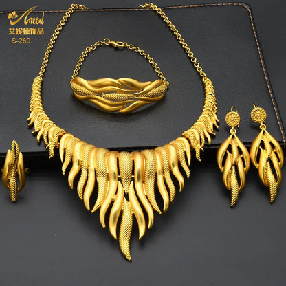 Dubai Women Gold Color Jewelry Sets African Wedding Bridal Ornament Gifts For Saudi Arab Necklace Bracelet Earrings Ring Set