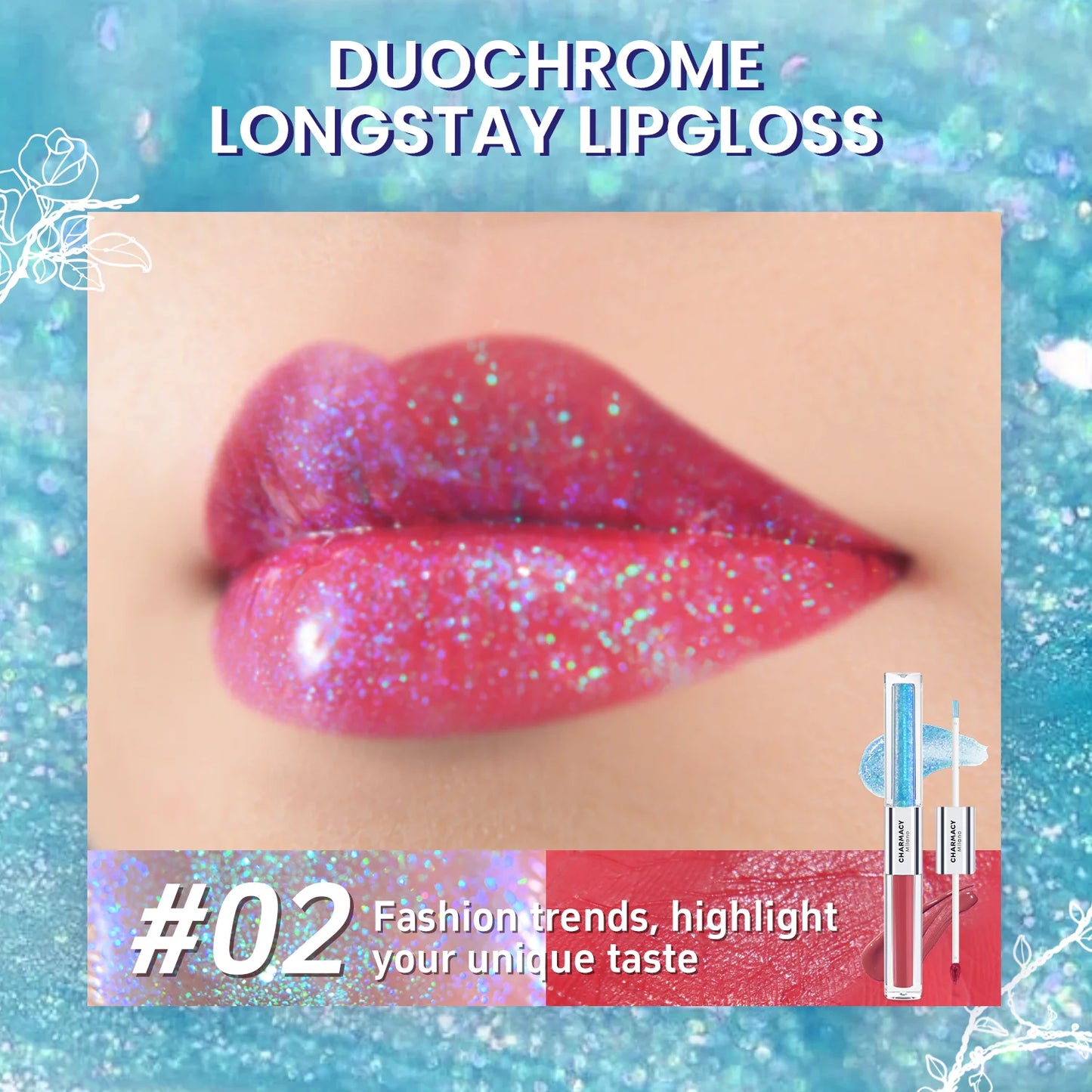 CHARMACY 2 in 1 glitter lip gloss Moisturing longstay duochrome lip glaze 8 color makeup for women