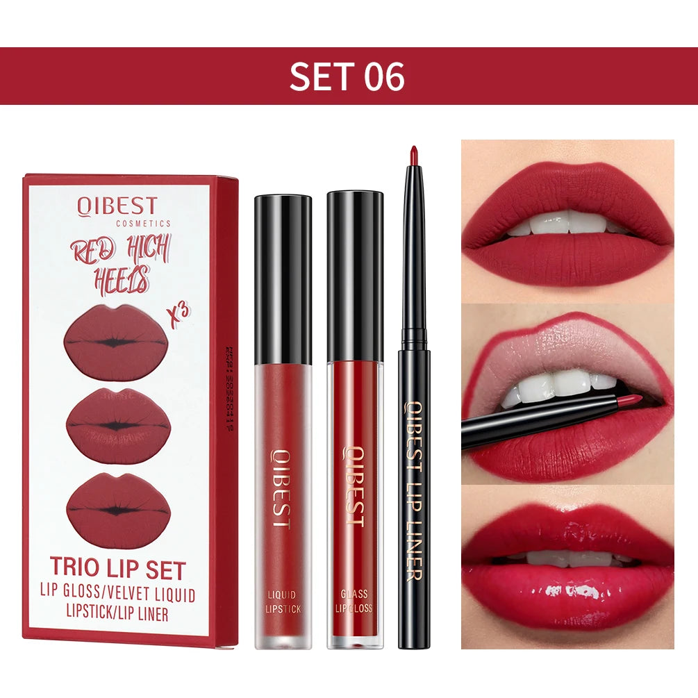 New 3pcs/set Liquid Lipstick Lip Liner Long Lasting Cosmetic Black Brown Purple Red Matte Lip Gloss Nude Lip Tint Stain Makeup