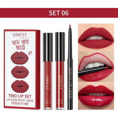 New 3pcs/set Liquid Lipstick Lip Liner Long Lasting Cosmetic Black Brown Purple Red Matte Lip Gloss Nude Lip Tint Stain Makeup