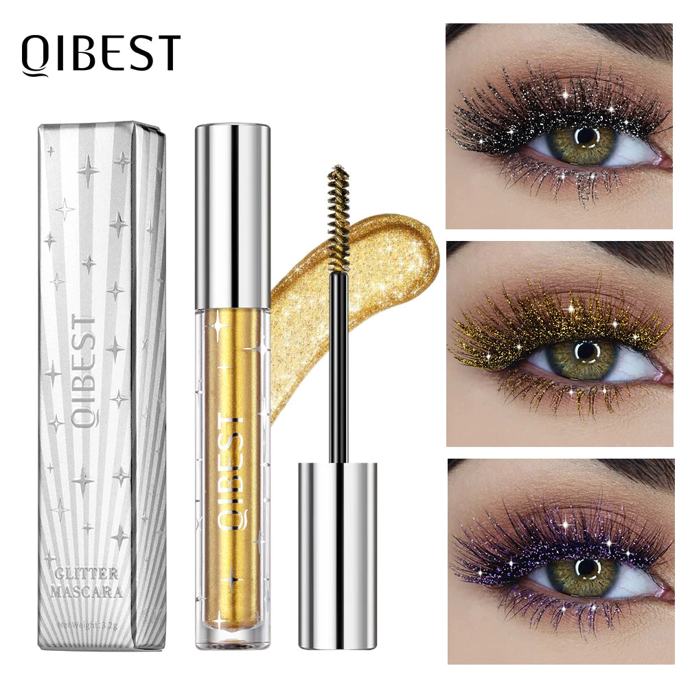 QIBEST Glitter Mascara Quick Dry Curling Extension Diamond Shimmer Mascara Eyelashes Lengthening Beauty Eyes Cosmetics For Women