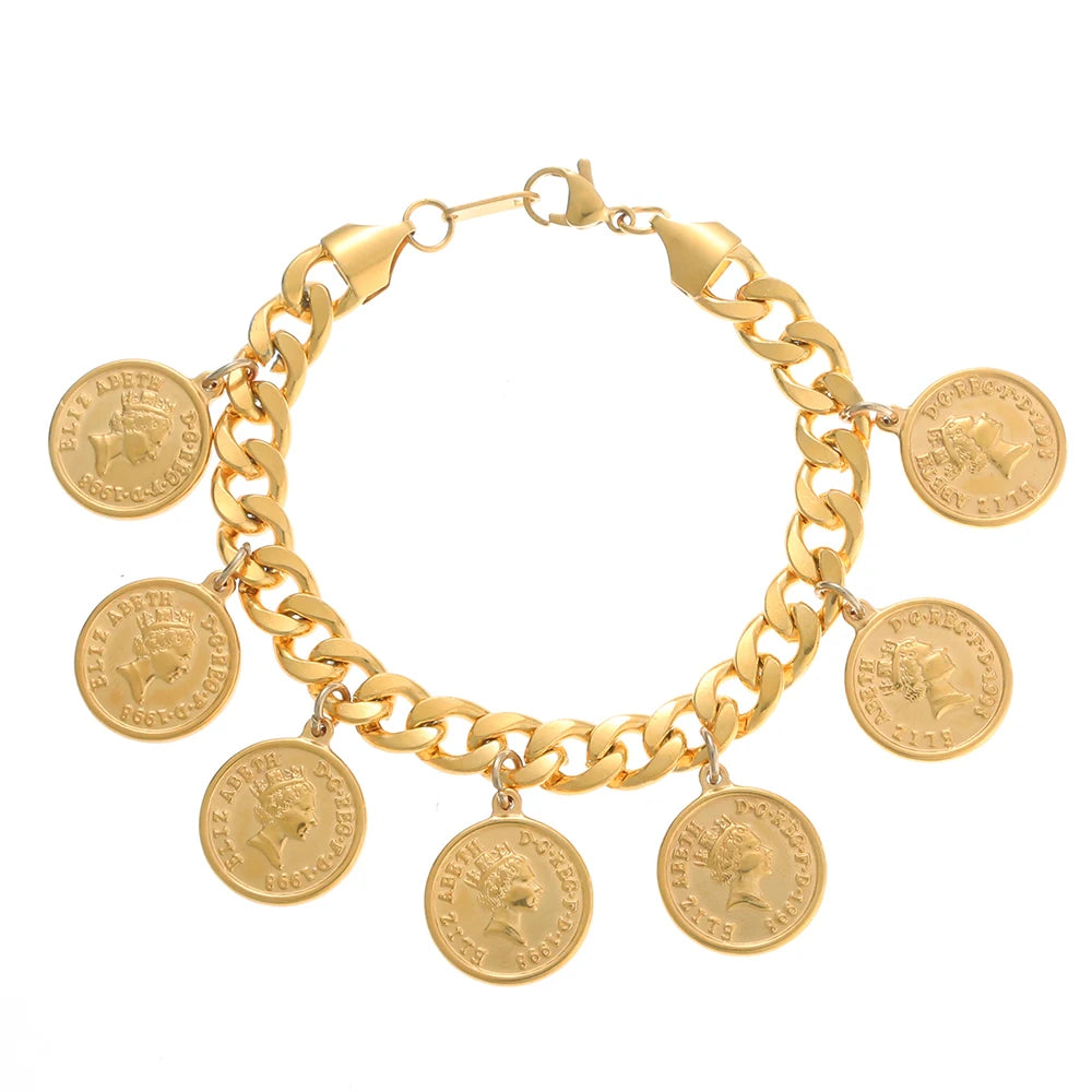 Luxury Fashion Stainless Steel Portrait Coin Pendant Bracelet for Women Wide Cuban Chain Charm Jewelry