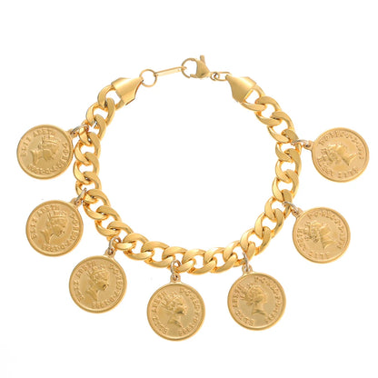 Luxury Fashion Stainless Steel Portrait Coin Pendant Bracelet for Women Wide Cuban Chain Charm Jewelry