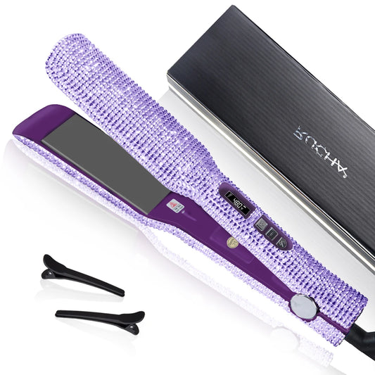 RUCHA Rhinestones Hair Straightener 240°C Fast Heat UP Titanium Wide Plate Flat Iron LCD Display Hair Styling Tool For Gift Travel