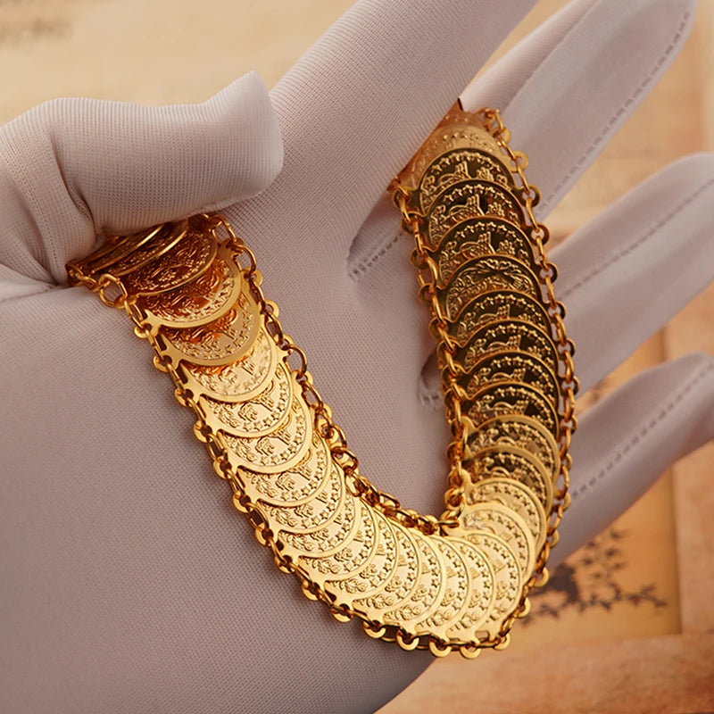 Turkish Coin Chain Bracelet Gold Plated Copper Cuff Bangle for Women Arabic Totem Jewelry for Bridal Ethnic Wedding Jewelry