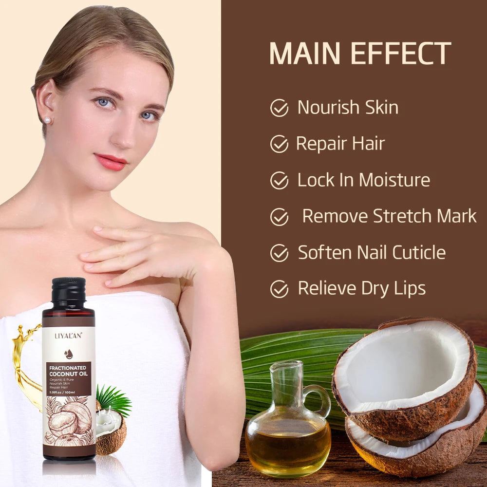 LIYALAN 100ml Fractionated Coconut Oil Nourish Skin Repair Hair Organic Pure Carrier Oil Hair Care