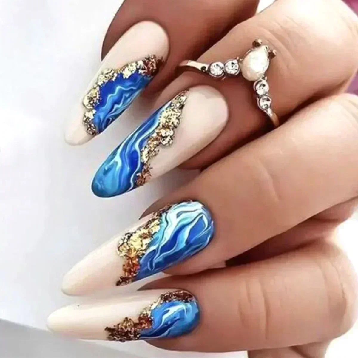 24Pcs Blue Almond False Nails Stained Glitter with French Design Wearable Fake Nail Decoration Full Cover Press on Nail Tips Art