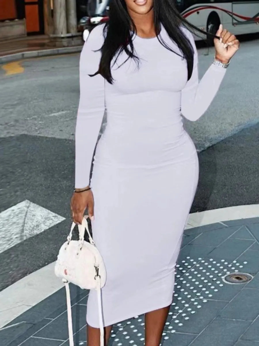 LW BASICS Bodycon Dress Autumn Sexy Women Solid Color Long Sleeve Round Neck Bodycon Maxi Dress evening party comfort