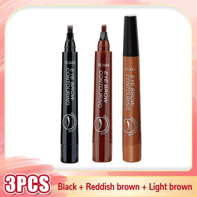 Eyebrow Tattoo Pen 4 Points Fork Tip Liquid Brow Pencil Long Lasting Waterproof Stencil Eyebrow Stamp Shaping Kit