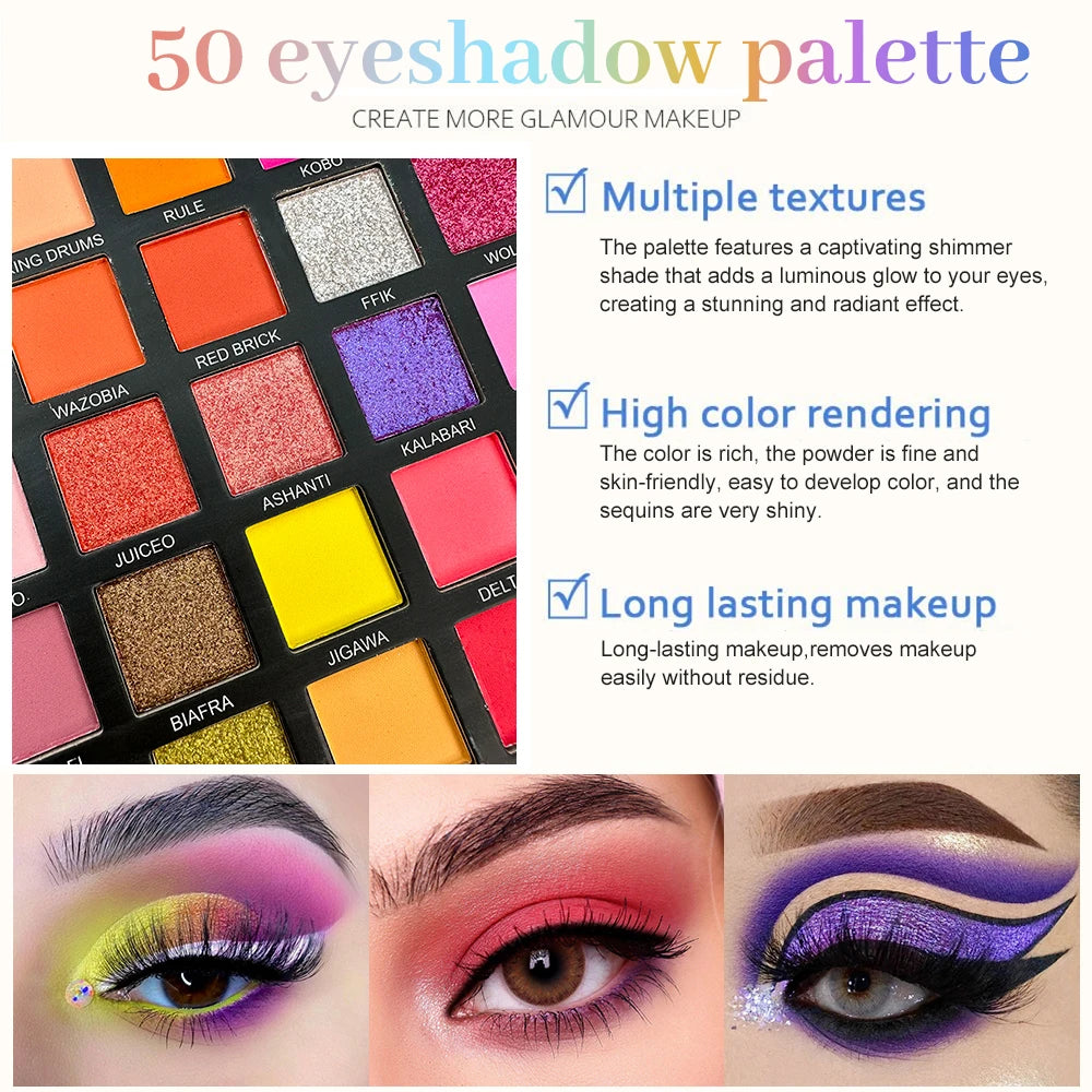 50 Color Rainbow Eyeshadow Palette Shimmer Matte Finish,Nude Neon Glitter Makeup All In One Makeup Palette For Music Festival