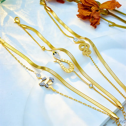 DIEYURO  Stainless Steel Snake Charm Bracelet For Women New Fashion Gold Color 2in1 Wrist Chains Jewelry