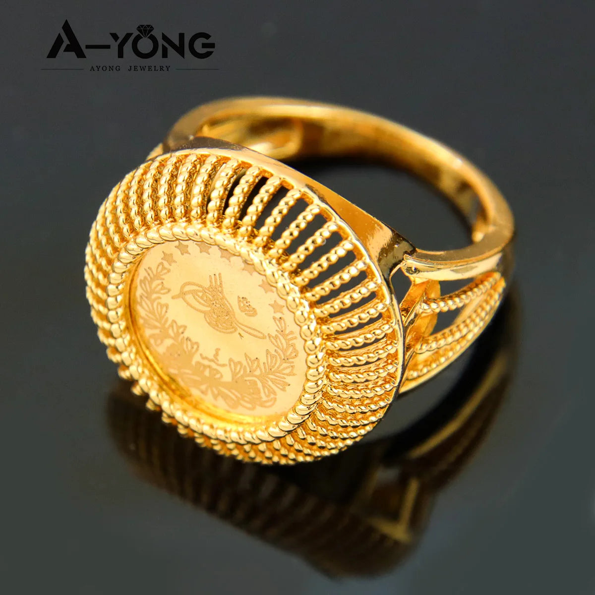 AYONG Turkish Gold Coin Rings 18k Gold Plated Dubai African Saudi Arabia Women Wedding Party Accessories