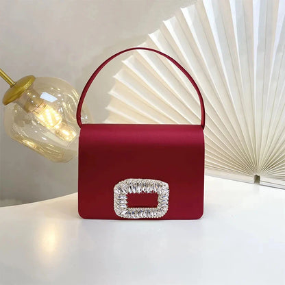 Andralyn Luxury Diamond Square Button Women's Evening Bag Party Clutch Purses Satin Rhinestone Small Square Bag Chains Shoulder Bag Bolsa