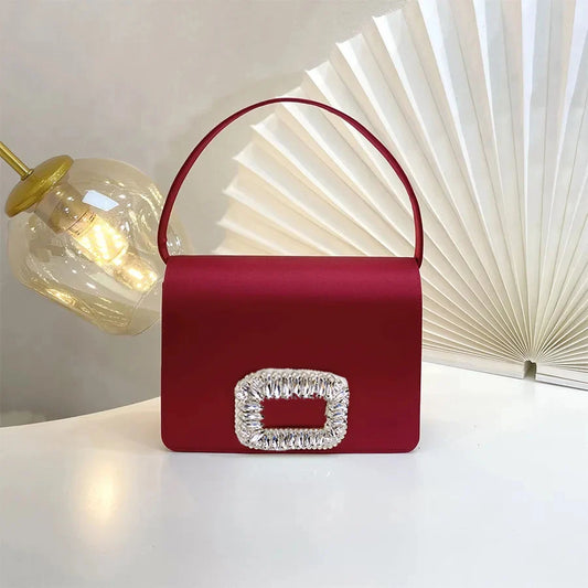 Andralyn Luxury Diamond Square Button Women's Evening Bag Party Clutch Purses Satin Rhinestone Small Square Bag Chains Shoulder Bag Bolsa