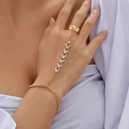 Shiny Rhinestone Pearl Chain Linked Finger Ring Bracelets for Women Punk Cuban Chain Bracelet Link Hand Harness Jewelry