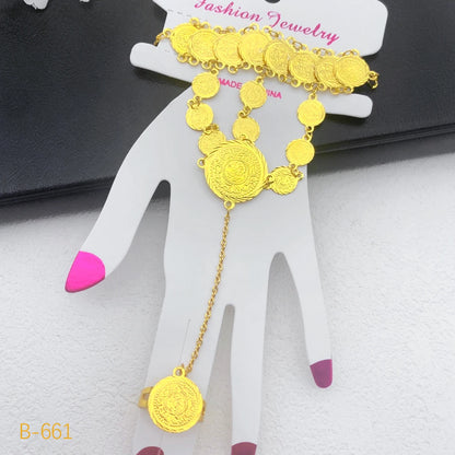 Turkish Coin Bracelet with Ring 24k Gold Plated Tassel Bangle Party Event Accessories Gift
