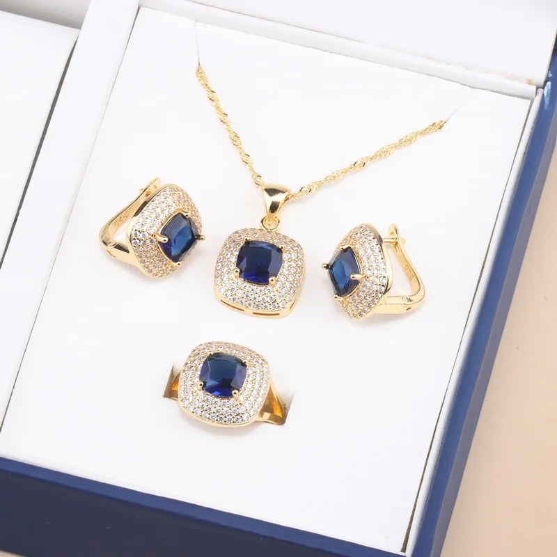 Square Elegant Dubai 18K Gold Plated Jewelry Set Unique Women Necklaces Earrings Ring Jewelry Set Party Accessory Gift