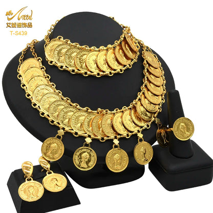 ANIID Dubai Gold Color Coin Necklace Bracelet Jewelry Sets For Women African Ethiopian Bridal Wedding Luxury Jewellery Gifts