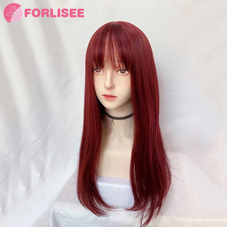 FORLISEE Synthetic Rose Wine Red Long Straight Hair With Bangs Wig Matte High-temperature Silk Breathable And Natural In Summer