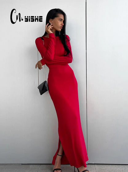 Elegant Split Solid Bodycon Sheath evening  Women Dresses O Neck Long Sleeve Slim - Polyester