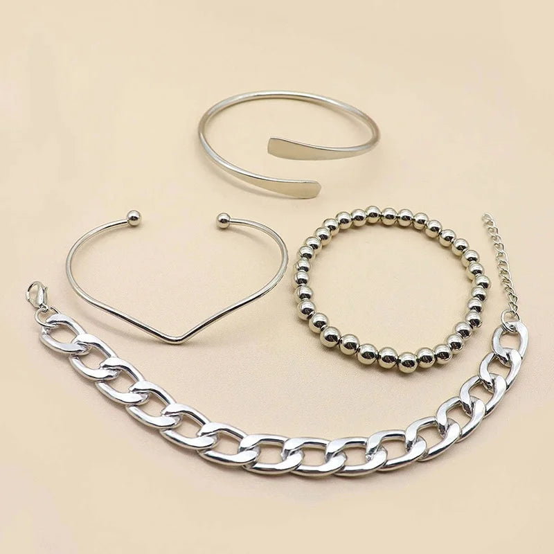 Punk Curb Cuban Chain Bracelets Set for Women Simple Thick Gold Color Charm Bracelets Fashion Jewelry Accessories New