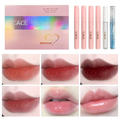 6 PCS Lips Makeup Sets Matte Liquid Lipstick Waterproof Long lasting Lipgloss Lip Balm Plumper Moisturzing Lip Oil Necklace Gift