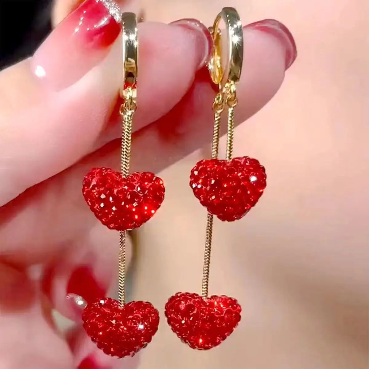 Exquisite Red Heart Sweet Cute Personality Zircon Gold Color Dangle Earrings Women Daily Party Gift Jewelry