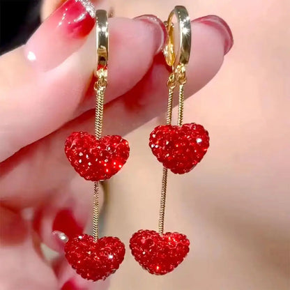 Exquisite Red Heart Sweet Cute Personality Zircon Gold Color Dangle Earrings Women Daily Party Gift Jewelry