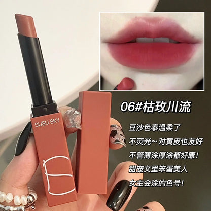 SUSU SKY Matte Lipstick Small Red Tube Matte Genuine Thin Tube Nonstick Cup Lip Glaze Slightly Tipsy Rose Wholesale Makeup