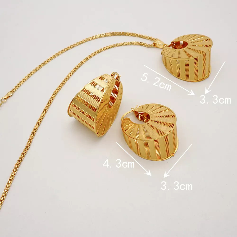 Fashion Dubai Jewelry Sets Gold Color Pendant Copper Classic Earrings Necklace For Women Daily Wear Party Anniversary Gifts