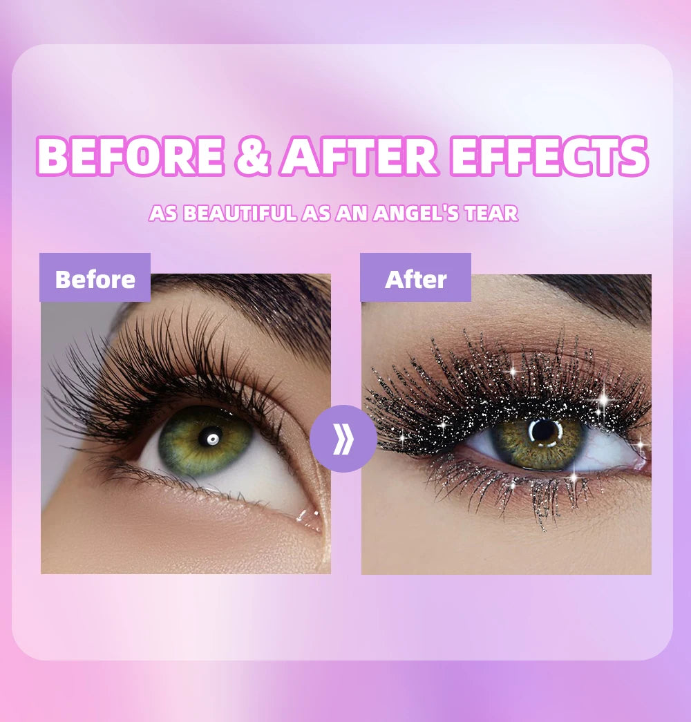 QIBEST Glitter Mascara Quick Dry Curling Extension Diamond Shimmer Mascara Eyelashes Lengthening Beauty Eyes Cosmetics For Women