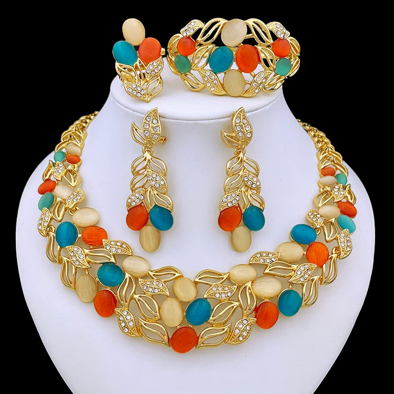 Vintage Opal Jewelry Set Luxury Italy 18K Gold Plated Women Necklaces ethiopian Jewelry Sets Wedding Party Accessories Gift