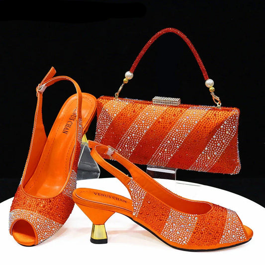 Venus Chan New Orange Arrive Italian Design Party Shoes With Matching Bag Wedding With Women Heel Shoes And Bag Set