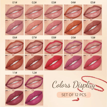 QIBEST 12Pcs/Set Waterproof Pen Matte Lip Liner Set  Long Lasting Makeup