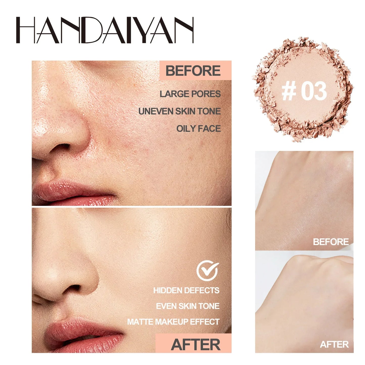 Handaiyan Matte Face Pressed Powder 24 Hours Oil Control Natural Setting Powder Foundation Full Coverage Waterproof Lasting Makeup