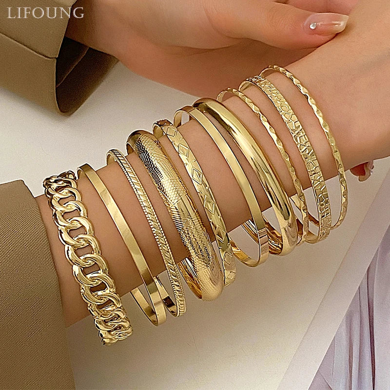 LiFoung 10 Pieces Metal Bangles Set For Women Heavy Style Punk Textured Trendy Fashion Jewelry Classic Occasions Accessories